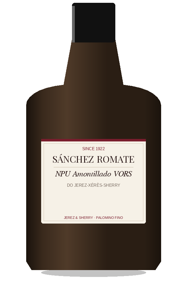 NPU Amontillado VORS by Sánchez Romate, bottle illustration
